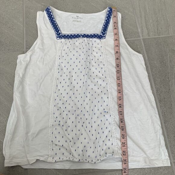 Talbots Womens Top Large Blue White Embroidered Ditzy Lace Trim Sleeveless - Picture 4 of 4